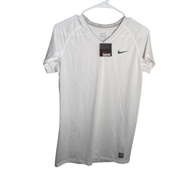 Nike Pro T-Shirt Women's Large V-Neck White Short Sleeve Athletic Sheer Top - Picture 1 of 10